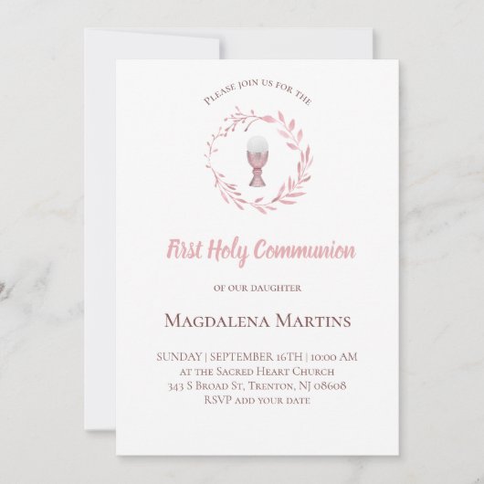ほこりっぽいピンクの水の色のリース最初の聖餐会 招待状 (正面)