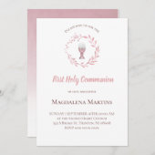 ほこりっぽいピンクの水の色のリース最初の聖餐会 招待状 (正面/裏面)