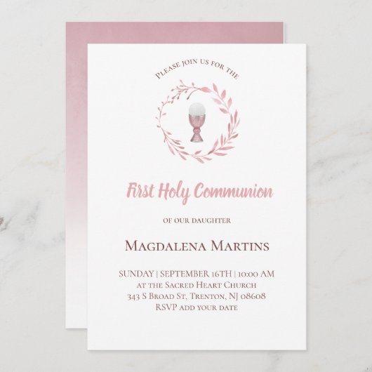 ほこりっぽいピンクの水の色のリース最初の聖餐会 招待状 (正面/裏面)