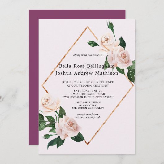 ほこりっぽいピンクの水彩バラの花 招待状 (正面/裏面)