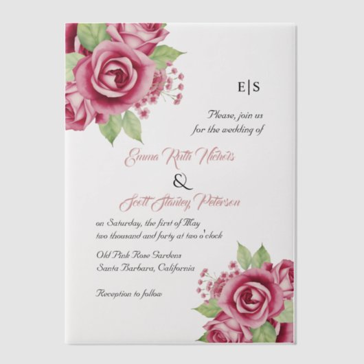 ほこりっぽいピンクの水色のバラ花フローラ ベラム紙招待状 (正面)