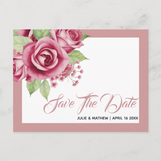 ほこりっぽいピンクの水色のバラ花Save the Date ポストカード (正面)