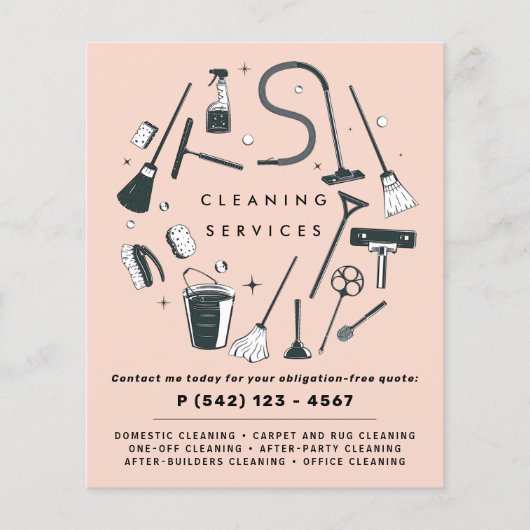 ほこりっぽいピンクの清掃サービス チラシ (正面)