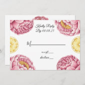 ほこりっぽいピンクの牡丹とレモンウェディングRSVPカード 招待状 (正面/裏面)