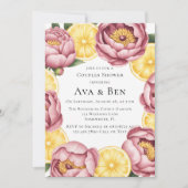 ほこりっぽいピンクの牡丹とレモンカップルのシャワー 招待状 (正面)