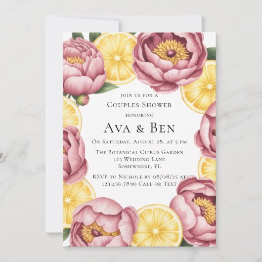 ほこりっぽいピンクの牡丹とレモンカップルのシャワー 招待状 (正面)