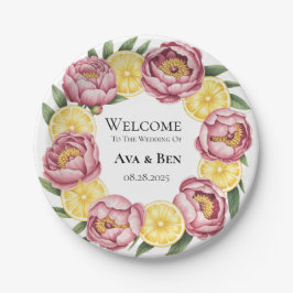 ほこりっぽいピンクの牡丹とレモ結婚ンの紙プレート ペーパープレート