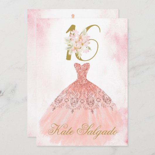 ほこりっぽいピンクの甘い16招待 招待状 (正面/裏面)