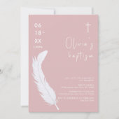ほこりっぽいピンクの白い水の色の羽クロスバプテスマ 招待状 (正面)