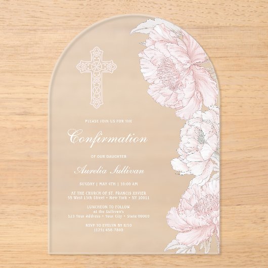 ほこりっぽいピンクの白い牡丹のアーチ確認 アクリル招待状 (正面)