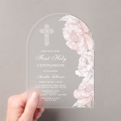 ほこりっぽいピンクの白い牡丹アーチ最初の聖餐式 アクリル招待状 (インサイチュ (ポータブル))