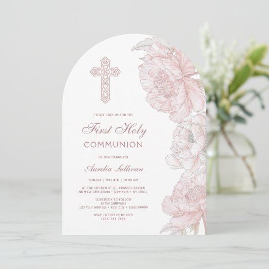 ほこりっぽいピンクの白い牡丹アーチ最初の聖餐式 招待状 (スタンド正面)
