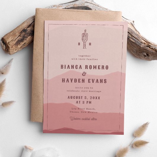 ほこりっぽいピンクの砂漠サボテン西結婚の 招待状