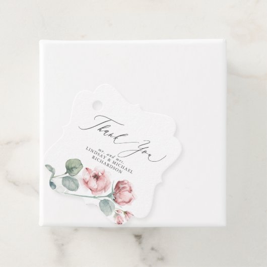 ほこりっぽいピンクの花エレガントな結婚式ありがとう フェイバータグ (インサイチュ)