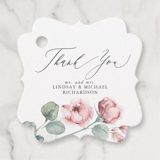 ほこりっぽいピンクの花エレガントな結婚式ありがとう フェイバータグ (正面)