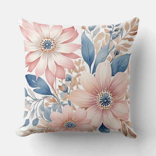 ほこりっぽいピンクの花ブルーベージュボホフローラ クッション (正面)