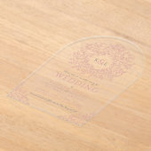 ほこりっぽいピンクの葉のモノグラム結婚ラインアート アクリル招待状 (レイダウン)