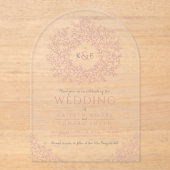 ほこりっぽいピンクの葉のモノグラム結婚ラインアート アクリル招待状 (正面)