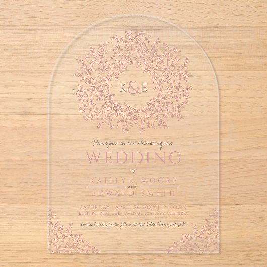 ほこりっぽいピンクの葉のモノグラム結婚ラインアート アクリル招待状 (正面)