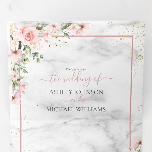 ほこりっぽいピンクの赤面ピンクの緑の水彩写真 三つ折り招待状 (内部最初)