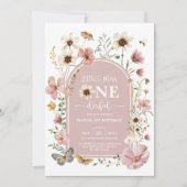 ほこりっぽいピンクの野恋しく思花1歳の誕生日 招待状 (正面)