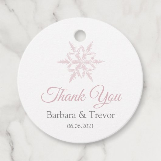 ほこりっぽいピンクの雪の結晶ウィンターウェディングサンキュー フェイバータグ (正面)