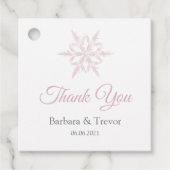 ほこりっぽいピンクの雪の結晶ウィンターウェディングサンキュー フェイバータグ (正面)