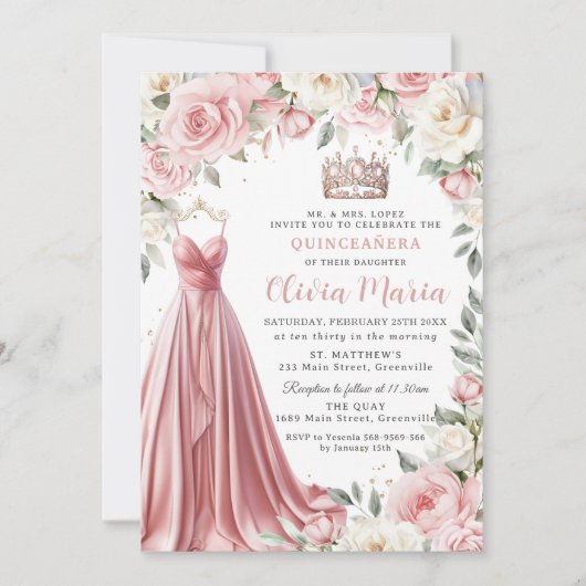 ほこりっぽいピンクアイボリーフローラドレスガウンキンセアニラ 招待状 (正面)