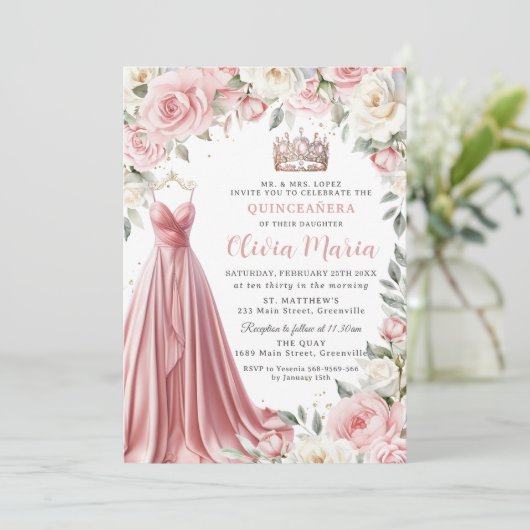 ほこりっぽいピンクアイボリーフローラドレスガウンキンセアニラ 招待状 (スタンド正面)