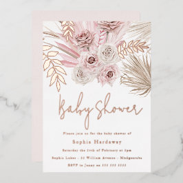 ほこりっぽいピンクアイボリーボホベイビーシャワーバラ金ゴールド 箔招待状