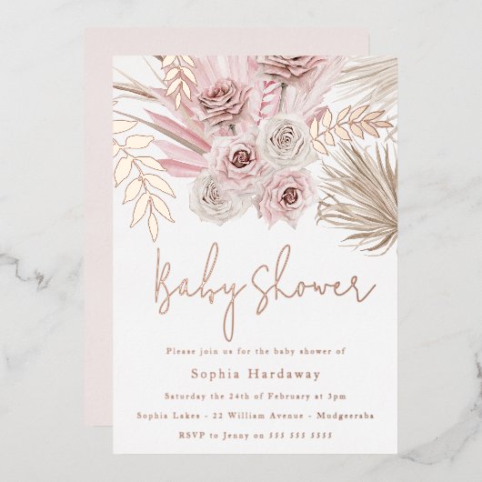 ほこりっぽいピンクアイボリーボホベイビーシャワーバラ金ゴールド 箔招待状 (正面/裏面)