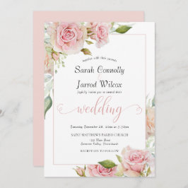 ほこりっぽいピンクウォーターカラーバラ結婚式招待状 招待状