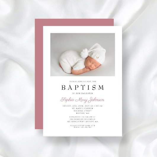 ほこりっぽいピンクエレガントのフォトガールバプテスマ 招待状