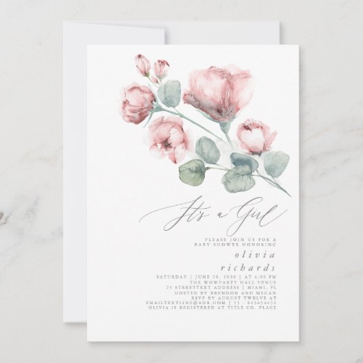 ほこりっぽいピンクエレガントのフローラ女の子の赤ちゃんシャワー 招待状 (正面)