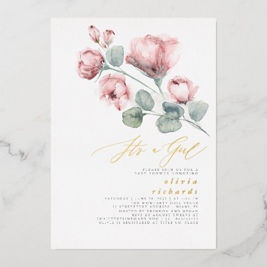 ほこりっぽいピンクエレガントのフローラ女の子の赤ちゃんシャワー 箔招待状 (正面)