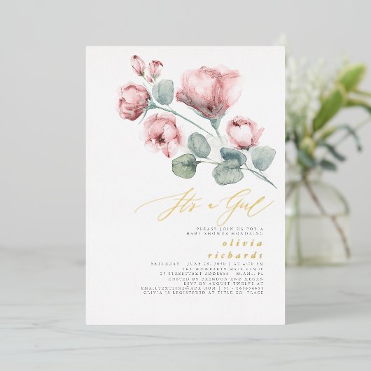 ほこりっぽいピンクエレガントのフローラ女の子の赤ちゃんシャワー 箔招待状 (立ち正面)