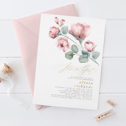 ほこりっぽいピンクエレガントのフローラ女の子の赤ちゃんシャワー 箔招待状