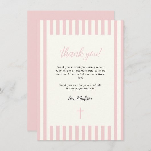 ほこりっぽいピンクエレガントの弓ボーイベビーシャワー サンキューカード (正面/裏面)