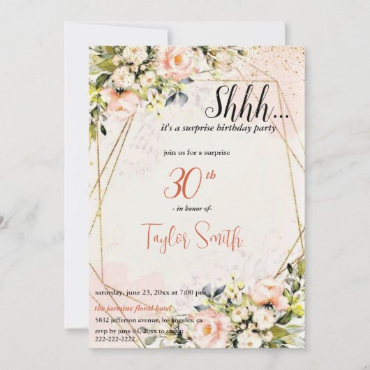 ほこりっぽいピンクエレガントフローラサプライズパーティー招待状 招待状 (正面)