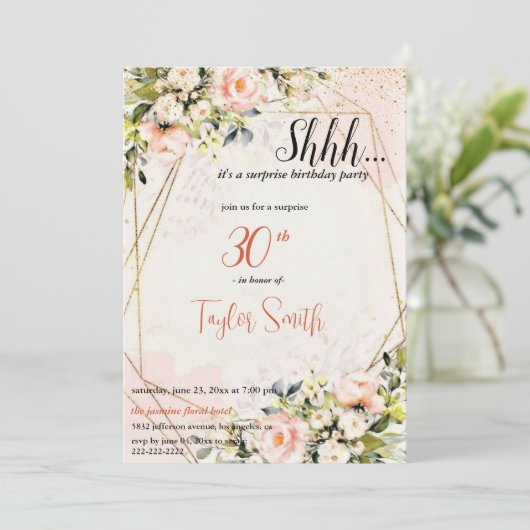 ほこりっぽいピンクエレガントフローラサプライズパーティー招待状 招待状 (スタンド正面)