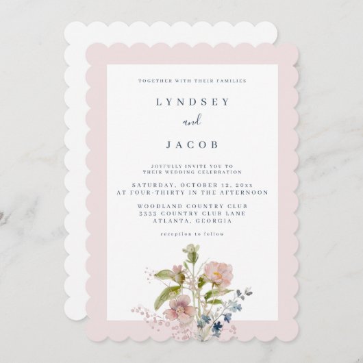 ほこりっぽいピンクガーデンワイルドフラワー結婚式招待状 招待状 (正面/裏面)