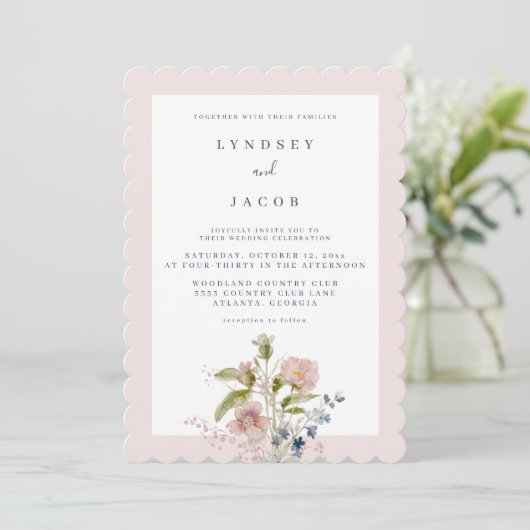 ほこりっぽいピンクガーデンワイルドフラワー結婚式招待状 招待状 (スタンド正面)