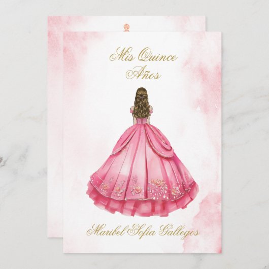 ほこりっぽいピンクキンセアニェラへの招スペインの待 招待状 (正面/裏面)