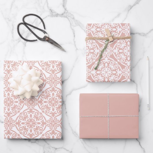 ほこりっぽいピンククラシックヴィンテージシームレスダマスクパターン ラッピングペーパーシート (正面)