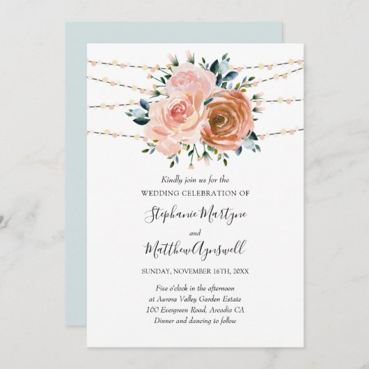 ほこりっぽいピンクコーラルブルーボタニカルライト結婚ズ 招待状 (正面/裏面)