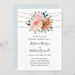 ほこりっぽいピンクコーラルブルーボタニカルライト結婚ズ 招待状