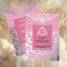 ほこりっぽいピンクシルバークラシックモノグラム結婚ボホーズ 箔招待状