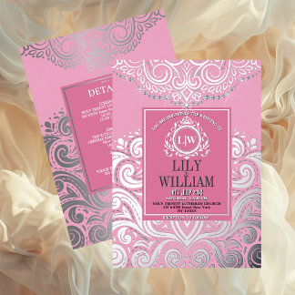 ほこりっぽいピンクシルバークラシックモノグラム結婚ボホーズ 箔招待状