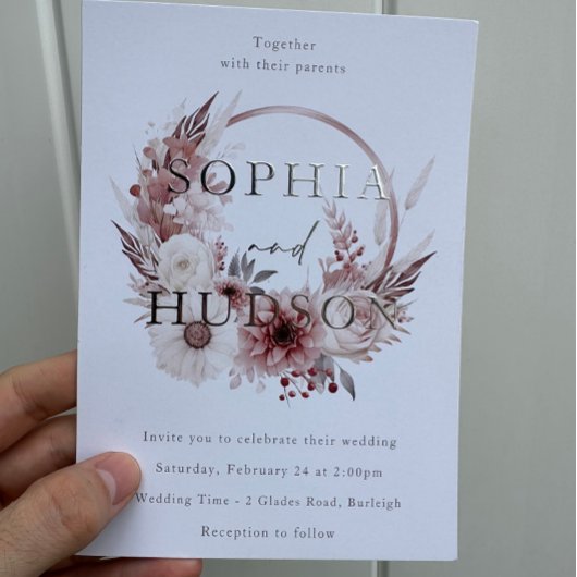 ほこりっぽいピンクシルバーフォイルモダンボホリース結婚ズ 箔招待状