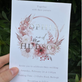 ほこりっぽいピンクシルバーフォイルモダンボホリース結婚ズ 箔招待状